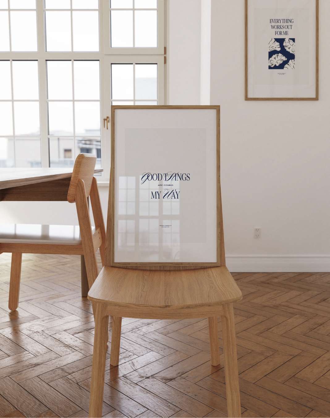 Good things art print poster framed on a wall. Posteri sa citatima za zid, moderne slike za dnevni boravak.