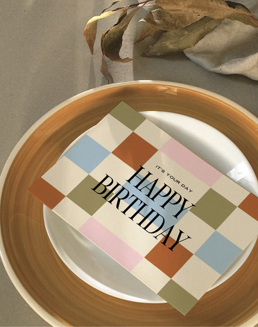 Wish them the best with the pastel checkered "Happy Birthday" greeting card. Printed on luxurious FSC designer paper. Blank inside with an envelope.