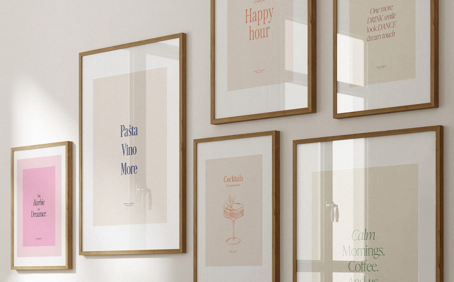 Framed art prints and typography posters hanging on a wall, designed to inspire your interior.